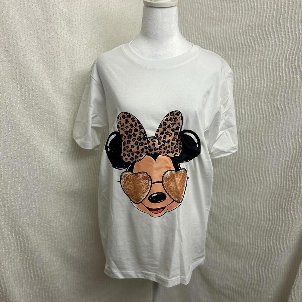 Minnie Mouse Leopard Bow Heart Glasses Tee Adult M Womens L